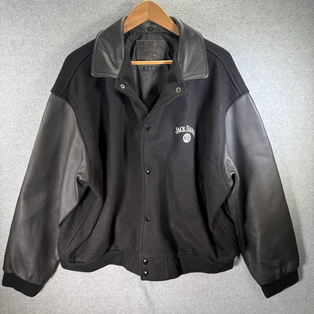 Vintage Jack Daniels Mens Leather Wool Size XL Biker Varsity Jacket Black Motor